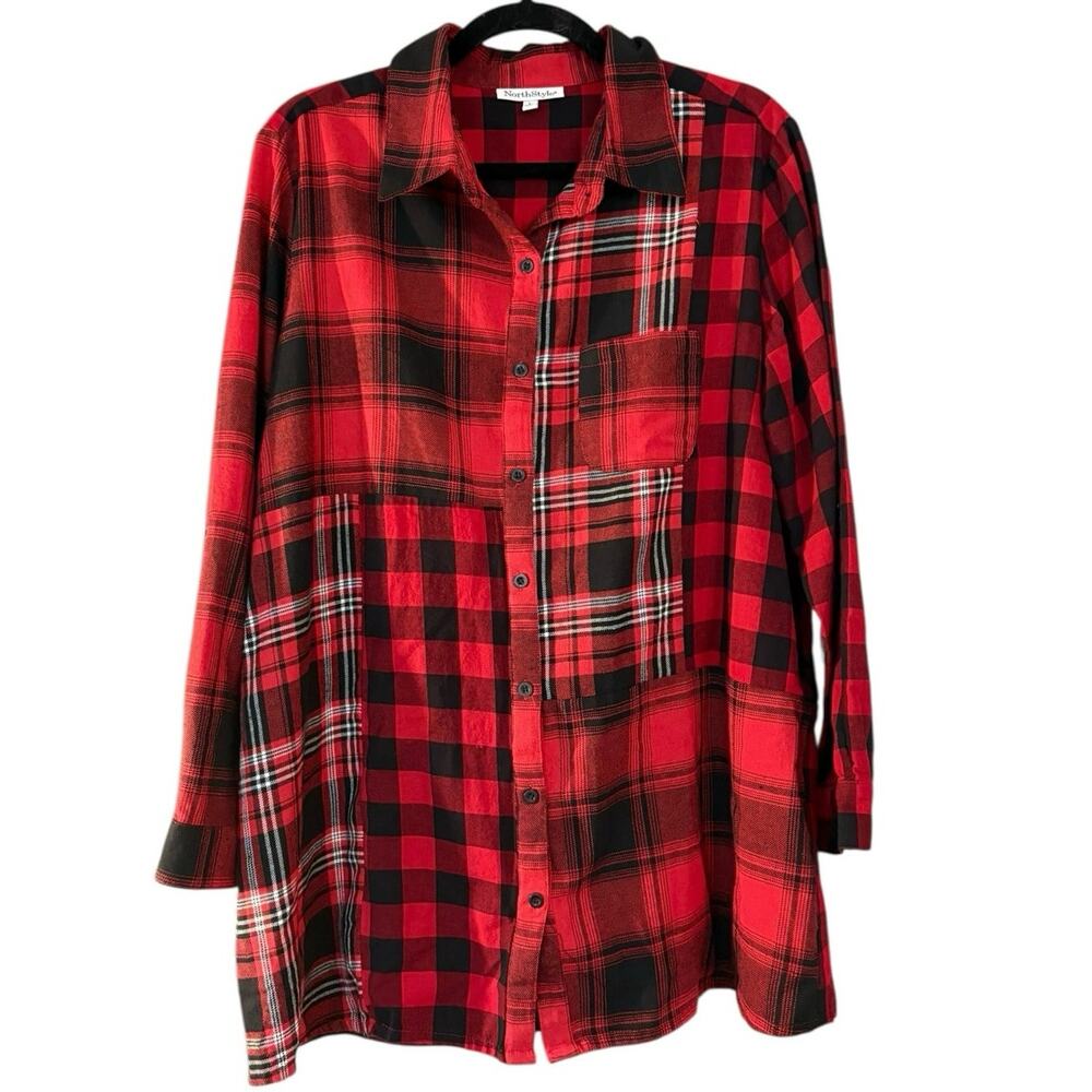 NorthStyle Button Up Shirt Women's L Patchwork Red Tartan Flannel Plaid Top